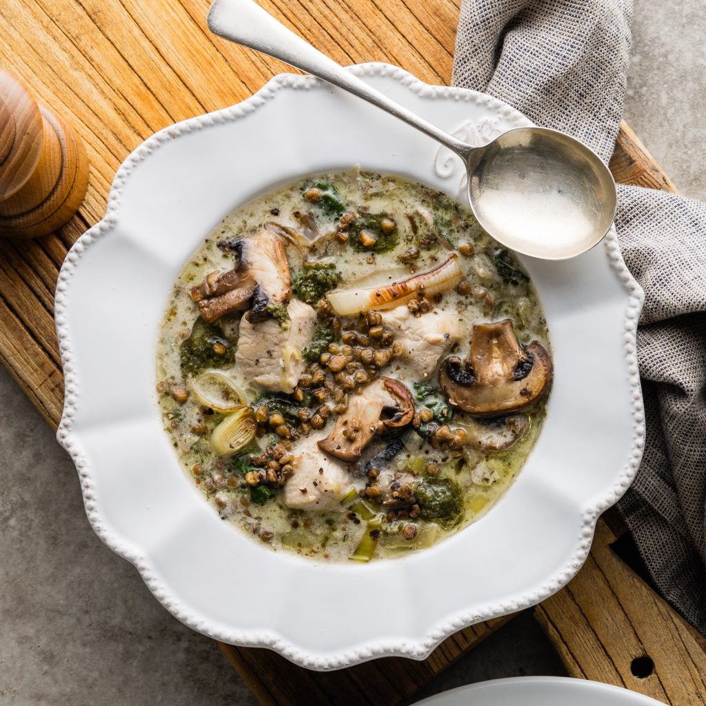 FSA French Chicken Leek Mushroom Soup with Crispy Roasted Lentils